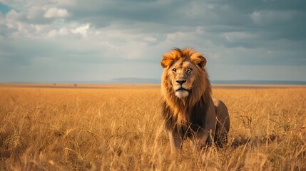 Powerful Lion Prowling Through the Sweeping Grasslands of the Serengeti National Park