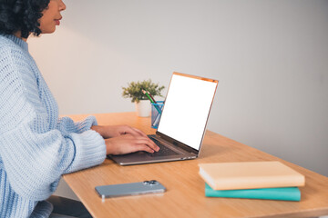 Cropped portrait of pretty young lady wear sweater use laptop empty space screen desk home office...