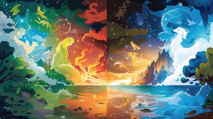 Illustrations of the four zodiac elements Fire, Water, Air, Earth interacting with their corresponding zodiac signs in natural settings,