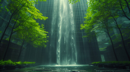 Artificial waterfall cascading down a glass building amidst lush green trees in an urban setting
