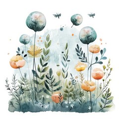 A lovely watercolor painting portrays a floating garden in the sky, complete with hovering botanical pods, Clipart minimal watercolor isolated on white background