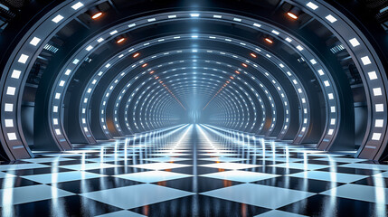 Futuristic tunnel with illuminated arches and reflective checkered floor leading into the distance