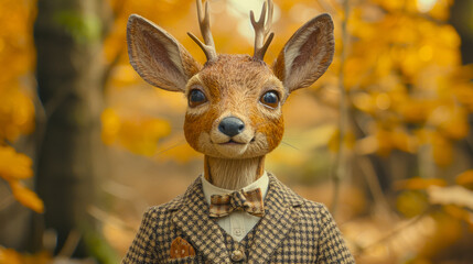 Dapper deer in a tweed suit, accessorized with a pocket square,