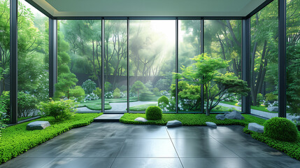 Modern indoor space with floor-to-ceiling windows showcasing a lush Japanese garden and sunlight filtering through trees