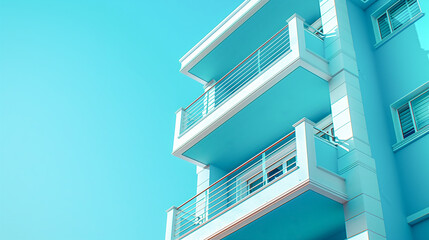 Modern turquoise building facade with geometric balconies and clear blue sky