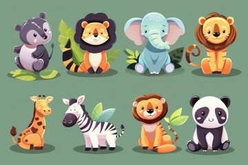 Obraz premium Group of cartoon animals sitting together. Suitable for children's books or educational materials