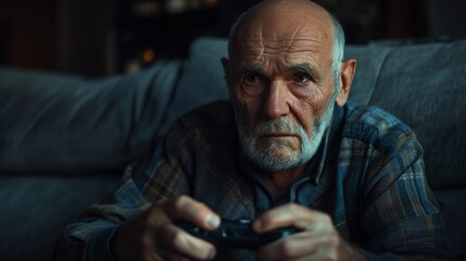 an older man holding a video game controller in his hands while sitting on a couch