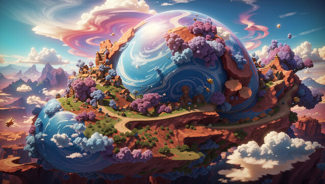  a painting of a colorful island floating in the sky