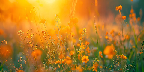 Vibrant wildflowers blossom in tranquil meadow at sunset dusk serene and tranquil scene of wildflowers swaying gracefully in the golden hour breeze Wildflowers, buzzing bees, and a vibrant sun bring 