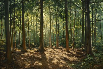 Fototapeta premium Embrace the tranquility of a serene forest scene, where sunlight filters through the canopy, casting dappled shadows on the forest floor --ar 3:2 Job ID: 2d54b648-8c75-4c12-b5ab-def39f249ede