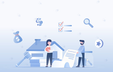 Real estate investment and contract concept. Agreement legally binding documents, purchase, borrow, rent. Flat vector design illustration.