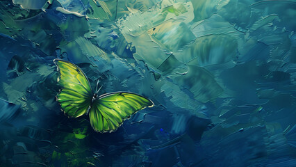 Nature’s Contrast: Green Butterfly on Deep Blue Oil Painting