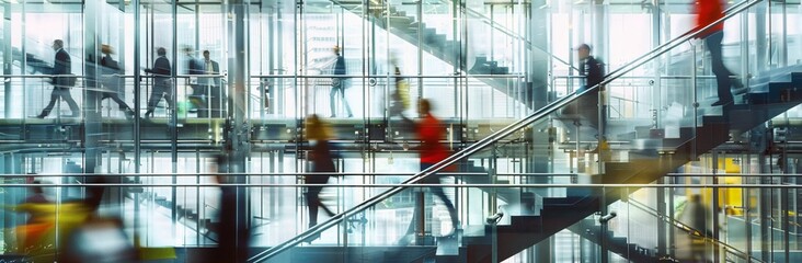 Urban Hustle Through Glass: Motion Blur Captures Busy Professionals in a Steel and Glass Office (Reflective View)