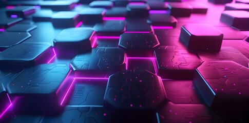 3d render of abstract background with glowing neon blue and purple hexagons in dark room, high angle view 