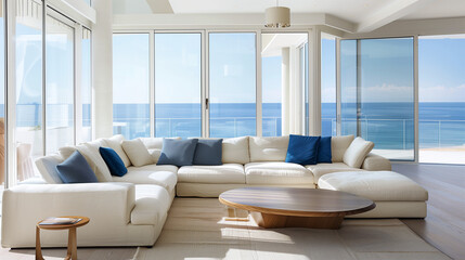 Modern living room with large white corner sofa and blue pillows, panoramic windows overlooking the ocean, bright daylight creating a serene atmosphere