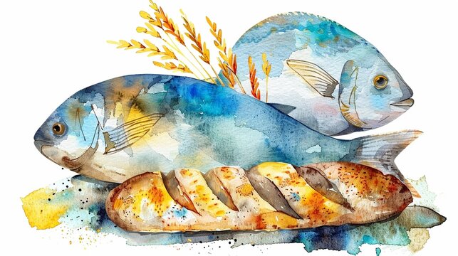 Watercolor clipart of the loaves and fishes simplified and iconic