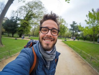 Fototapeta premium Smiling man with glasses taking a selfie on a path in a verdant city park.