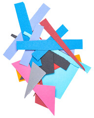 Stack or heap of colorful scraps, stripes or snippets of cut out paper or cardboard, isolated png...
