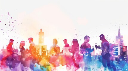 A watercolor painting captures the energetic buzz of a city rooftop party, with guests enjoying the skyline view, Clipart minimal watercolor isolated on white background