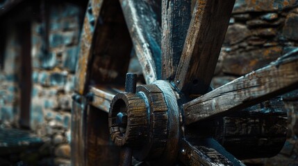 Detailed view of a wooden wheel on a building, suitable for architectural and historical themes