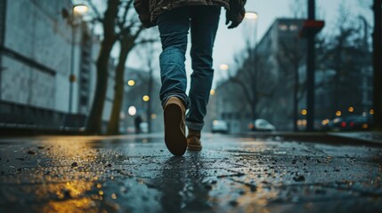 A person walking down a wet sidewalk in the rain. Suitable for weather or urban lifestyle concepts