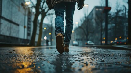 A person walking down a wet sidewalk in the rain. Suitable for weather or urban lifestyle concepts - Powered by Adobe