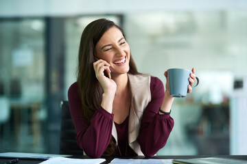 Businesswoman, office and call on smartphone with coffee at desk for lunch break with happy....