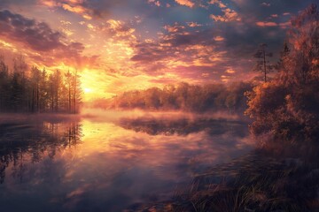 scene of a sunrise over a tranquil lake