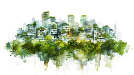 A watercolor painting of a sprawling ecocity built entirely on vertical gardens and renewable energy sources, Clipart minimal watercolor isolated on white background