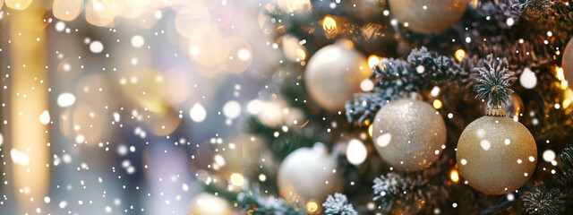 Decorated Christmas Tree, Festive Background with Golden Bokeh, with Copy Space