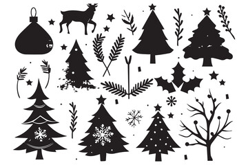 Christmas elements black silhouette icons set