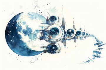 A watercolor painting portrays a series of linked space stations orbiting the moon, forming a lunar colony, Clipart minimal watercolor isolated on white background
