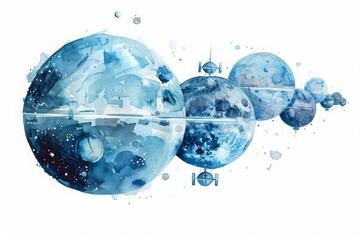 A watercolor painting portrays a series of linked space stations orbiting the moon, forming a lunar colony, Clipart minimal watercolor isolated on white background