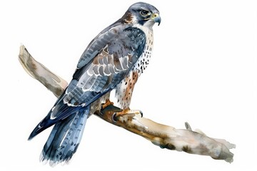 A watercolor painting shows a majestic falcon perched on a branch, eyes sharp and feathers detailed, Clipart minimal watercolor isolated on white background