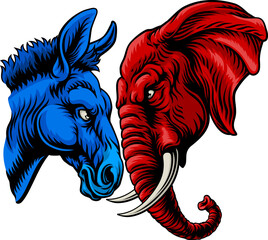 Republican and democrat elephant and donkey facing off American election party politics concept