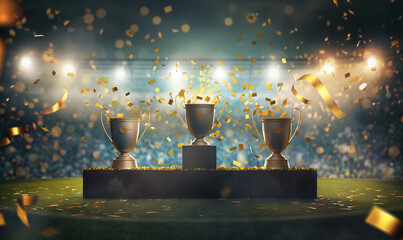 Three Champion Trophies on Podium, Victory Celebration with Glittering Confetti