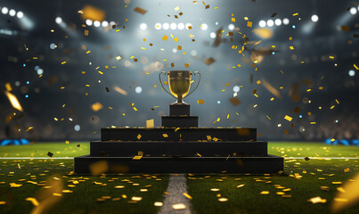 Champion Trophy on Podium, Winner Celebration with Golden Confetti