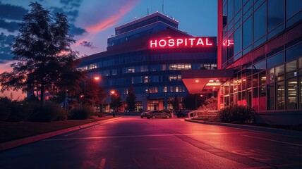 A hospital building with a red sign on it