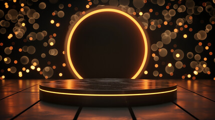 Rendering of podium stage with orange light and bokeh background for product presentation. Glowing round platform on dark night scene. Abstract mock up template design, show or display products