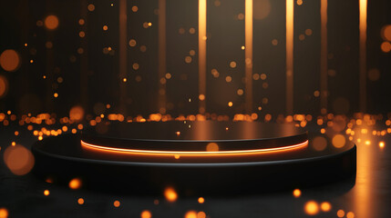 Rendering of podium stage with orange light and bokeh background for product presentation. Glowing round platform on dark night scene. Abstract mock up template design, show or display products