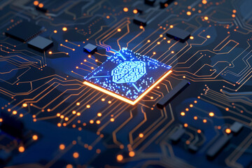 chip on circuit board , Artificial Intelligence concept, automation capabilities driven by AI technology