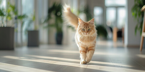 A cute cat walks in the office, blurred background of an open space with modern furniture and green plants