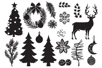 Christmas set of silhouettes for design on a white background, vector illustration