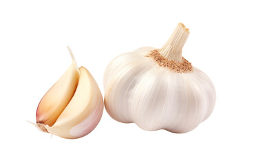 A whole garlic bulb with individual cloves peeled open, displayed on a transparent background. Generative AI
