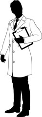 Silhouette person scientist, engineer or professor man in a lab coat. Holding clipboard checklist. Possibly performing experiment or surveying. Alternatively a chemist, science teacher or pharmacist.