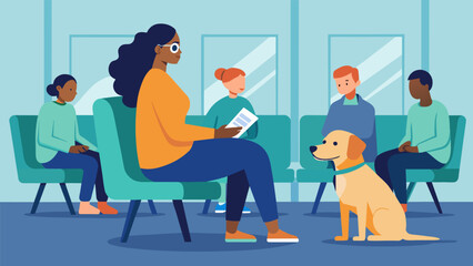 A person sitting in a crowded waiting room the presence of their service dog providing a sense of ease and comfort in an otherwise overwhelming. Vector illustration