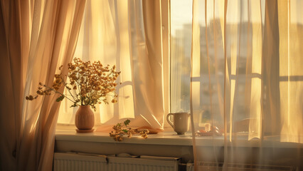 Sunrise Hues: Beige Curtains Illuminated by Morning Light