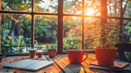 Contemporary workspace with laptop, coffee cup, and a variety of office supplies on the desk