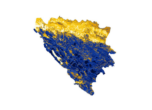 Bosnia and Herzegovina map with the flag Colors Blue and yellow Shaded relief map 3d illustration