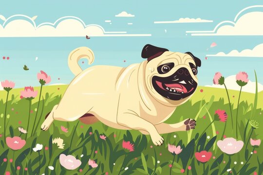 Cute cartoon pug dog running through a field of colorful flowers. Perfect for pet lovers and nature enthusiasts